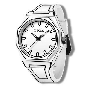 LIGE นาฬิกาข้อมือสตรีพิกเซลสไตล์มินิมอลนาฬิกาคู่รักกันน้ำนาฬิกาควอตซ์ดั้งเดิมสำหรับผู้ชาย + กล่อง