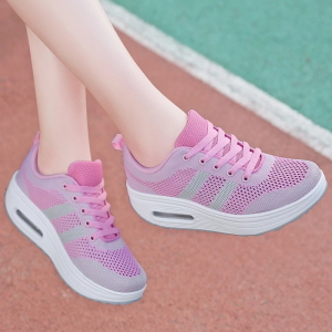 Sneakers For Women Fly Woven Black Rubber Shoes Thick Bottom Slip On Wedge Shoes Lady Lace Up Shoes