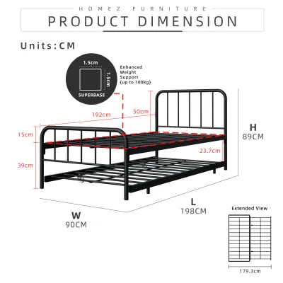 KitchenZ 6.2FT 3V Single Size Powder Coat Metal Bed Frame-3VFY900F/0005/0012/0015/0016/0017