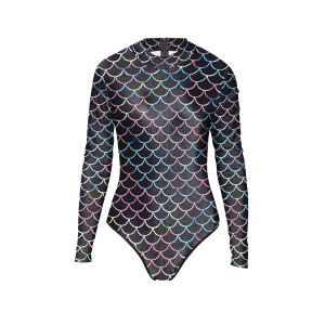 fesyen wanita Mermaid kostum skala ikan Shell Bodysuit 3D cetak baju renang Long Sleeve Cosplay pakaian pakaian renang