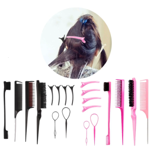 Hair Styling Comb Set Hair Brush Set Teasing Hair Brush Rat Tail Comb with Duckbill Clips Edge Brush for Women and Girls