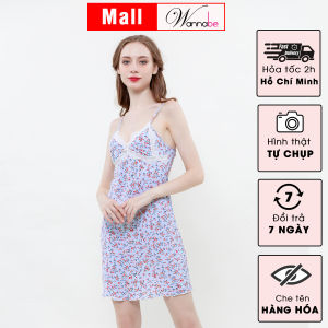 Đầm ngủ lụa WANNABE váy ngủ áo ngủ 2 dây nhúng phồng cúp ngực phối ren lượn sóng tạo sự đầy đặn cho vòng 1 bạn gái DNS93