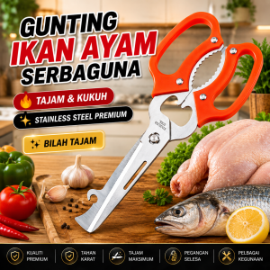 Gunting ikan ayam stainless steel sebaguna/Multi function sharp kitchen scissors