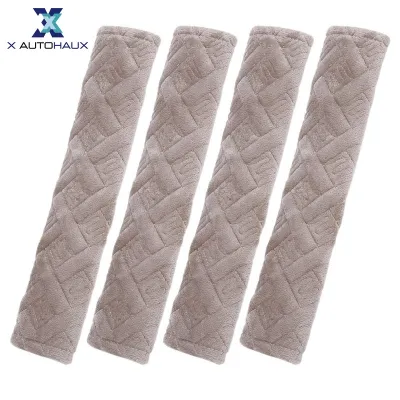 X AUTOHAUX 4 Pcs Plush Khaki Car Seat Belt Protector Shoulder Strap Seatbelt Pads Covers