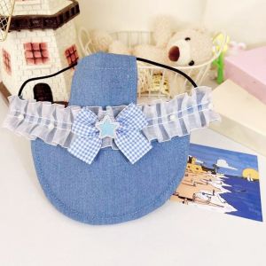 DEQIX Lace Bow Pet Sun Hat Sweet with Ear Holes Puppy Denim Cap Animal Head Wear Breathable Sun Protection Hat For Cat Dog