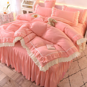 LZD  Kiểu Hot Trên Mạng ins Bộ Bốn Mảnh Chải Trái Tim Cô Gái Phong Cách Công Chúa Mùa Xuân Và Mùa Hè Bộ Chăn Ga Gối Giường Váy Ga Trải Giường