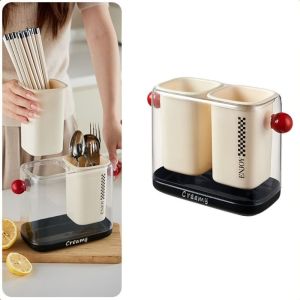 CHENJIE Double-Layer Kitchen Cutlery Organizer 2 Grids Plastic Chopsticks Cage Household Detachable Spoon Fork Storage Shelf Kitchenware