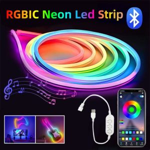 DC5V USB LED Neon Strip Lights 1/2/3M IP67 Waterproof RGBIC Neon Lamp Tape With Bluetooth For Computer Home Holiday Party Decor