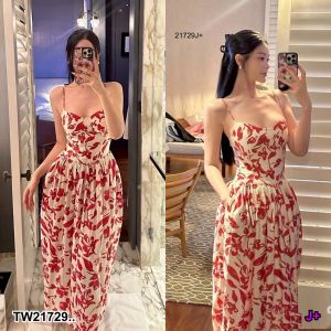 TW21729 เดรสสายเดี่ยวลายแดง สายปรับได้ กระโปรงเข้ารูป ..