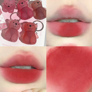 Cute Bear Keychain Lip Mud 6Color Matte Velvet Mousse Grey Pink Lipstick Waterproof Long Lasting Non-Stick Cup Lip Gloss Korean Cosmetic