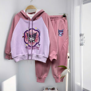 Bộ nỉ bé gái có mũ 4-10 tuổi chữ và hình kuromi chất liệu cao cấp kiểu dáng thời trang