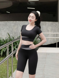 Bộ quần áo tập gym nữ phối 2 màu đồ tập gym yoga aerobic nữ áo có tay kèm mút đệm ngực Ng08