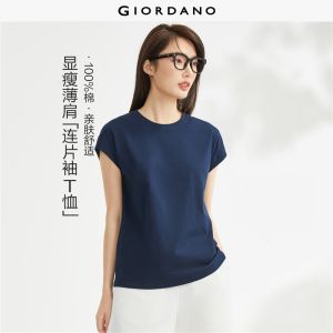 GIORDANO Women T-Shirts 100% Cotton Cap Sleeve Summer Tee Simple Basic Solid Color Mockneck Comfort Casual Tshirts 13323309