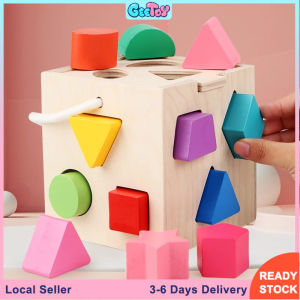 13Hole Wooden Sorting Shape Box Matching Geometric Montessori Toys for Kids with Rope