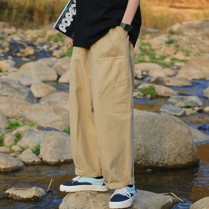 Khaki Wide Leg Pants Unisex Large Pocket Cargo Pants Solid Color Loose  Jogger Pants Korean High Quality Fashion Men' Clothing