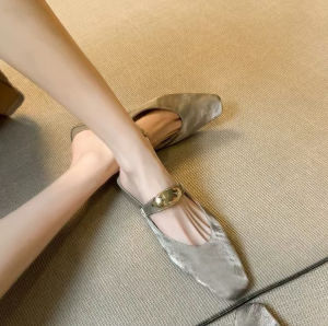 Soft Leather French Beautiful Square Toe Pumps Womens Line Strap Block Heel Toe Half Slippers Increase Height