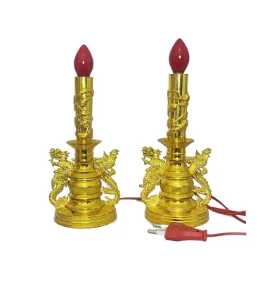 Lampu Lilin Listrik Nanas Dua Naga Yuanbao Phoenix Bohlam Set Lilin Sembahyang Puja Emas Segi Bulat