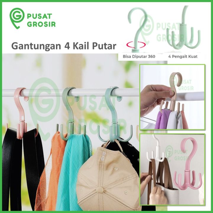 Gantungan Putar mini 4 kail hook hanger multifungsi gantung baju pakaian serbaguna cocok untuk barang kecil lainnya