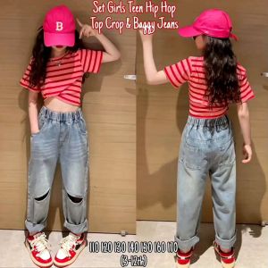 SETELAN ANAK PEREMPUAN REMAJA IMPORT KOREAN CASUAL HIP HOP CROP TOP RAJUT CELANA JEANS BAGGY