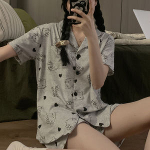Two-piece Hello Kitty Girl Black Pajamas Sets Summer Sweet Anime Student Lounge Cute Women Sleepwear Shirt Short-Sleeve Shorts