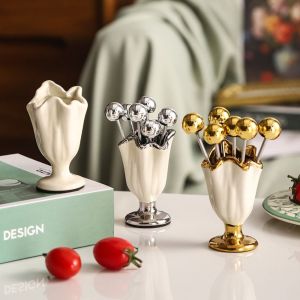 BAGUO(霸果) 6Pcs เหล็กไร้สนิม ชุดส้อมผลไม้ หรูหราเบาๆ อินส์ ชุดโถเก็บผลไม้ น่ารักน่ารักๆ อุปกรณ์จัดระเบียบบนโต๊ะอาหาร ส้อมขนมหวานพร้อมที่จับ สำหรับการชิมสลัด