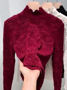 Stand Collar Lace Long Sleeved T-shirt Base Shirt for Womens Autumn and Winter Style French Romantic Mesh Top Elastic Plus Size