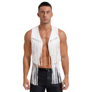 Mens Western Cowboy Tassel Rivets Faux Suede Vest Tops Vintage Fringe Gothic Steampunk Waistcoat Coat Halloween Cosplay Outfits