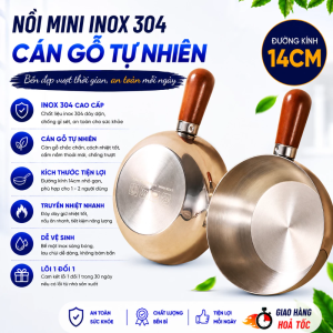 Nồi mini inox cán gỗ chống bỏng tay cầm chắc chắn nấu mì đun sữa dùng cho mọi loại bếp