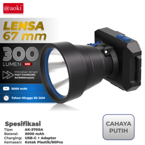 AOKI Senter Kepala 40W 60W cahaya terang USB type C baterai lithium tahan lama adaptor 5V2A