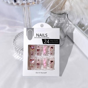 เล็บเทียมตกแต่งเล็บกระต่ายปลอมความยาวกลางสำหรับผู้หญิงและเด็กผู้หญิงแบบคลังสินค้าพร้อมดอกกุหลาบสีชมพูสำหรับกิจกรรมปาร์ตี้