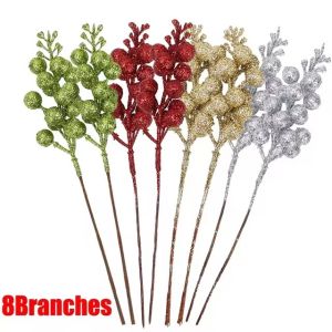 ดอกไม้ปลอมผงทองเบอร์รี่ประดิษฐ์คริสต์มาสระยิบระยับ1/10ชิ้นสีแดงต้นฮอลลี่เบอร์รี่เครื่องประดับต้นคริสต์มาสการตกแต่งบ้านปาร์ตี้