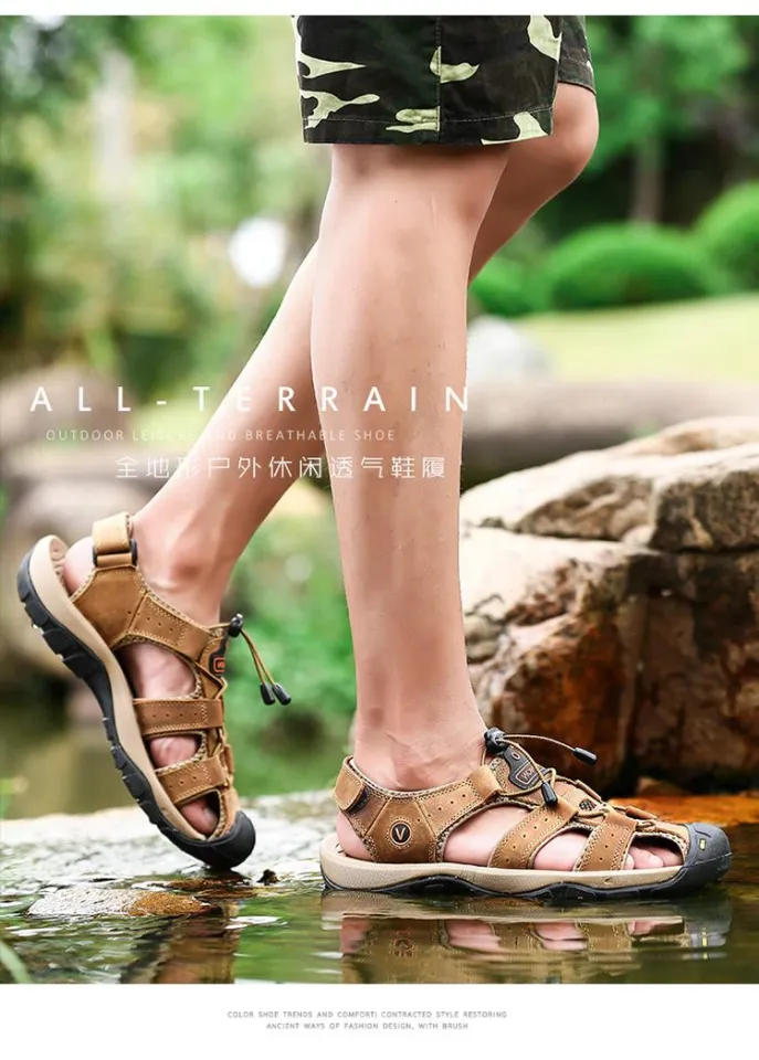 ORNGMALL Men Leather Sandals Outdoor Sport Hiking Shoes Water