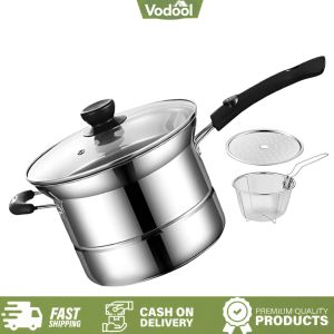 [VSC] One-Handled Pot with Strainer Drain Shelf Lid Pasta Cooking Pot Multipurpose Sauce Pan Stainless Steel for Soup Rice Noodles