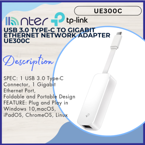 TP-LINK Tplink UE300C USB 3.0 Type C to Ethernet RJ45 LAN 1000Mbps Gigabit Network Adapter Plug and Play White UE300C