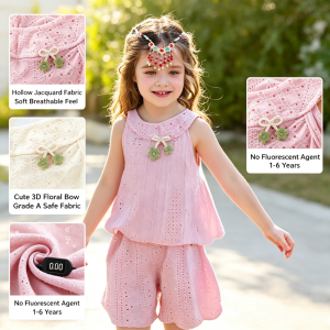 AILEBE Kids Sets Terno Neck Hanging Sleeveless Ruffled Top Shorts Set Grade A Hollow Jacquard Soft Breathable Summer Wear Korean Style Casual OOTD Pambahay For Girls 1-6 Years