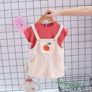 2Pcs Baby Girl Clothes Set Terno for Toddler Girls Plain Short‑Sleeve T-shirt Cute Fruit Print Overall Shorts Soft Summer Kids Outfit 0‑4 Years