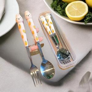 Ginca 3Pcs Cute Cutlery Set Cartoon Bunny Stainless Steel Mirror Polished Flatware Sets Spoon And Fork Chopsticks Set Storage Box