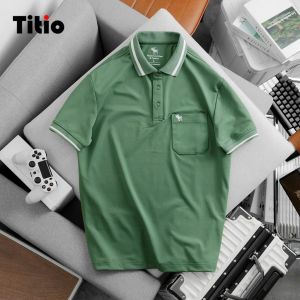 Áo thun Polo nam trung niên có túi Titio thêu hươu màu trơn vải thun cá sấu 4 chiều thoáng mát sang trọng APL006