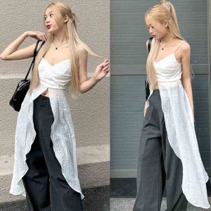 เสื้อท็อปส์ คอวี ผ่าข้าง แฟชั่นฤดูร้อน สําหรับผู้หญิง คอวีแบบยาวสำหรับฤดูร้อน