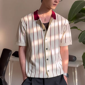 Men Knit Stripe Short Sleeve Shirt  Korean Casual Top