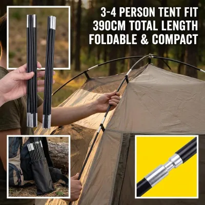 Camping Tent Poles 390cm 7mm Foldable Fiberglass Frame for 3-4 Persons - Black Elastic Cord Easy Assembly