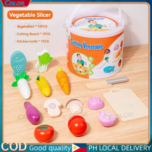 Childrens Bucket Wooden Cutlery Toys Fruit and Vegetable Cutlery Pretending Game