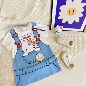 2-7 Years Children Girl Summer Cute Fake two pieces Cartoon Short Sleeved T-Shirt Dress
