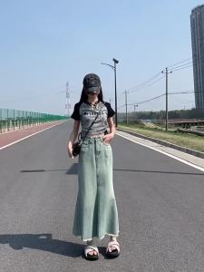 COD Rok Denim R Biru Muda Wanita Musim Panas Pinggang Tinggi Kelihatan Kurus Daun Teratai Tepian Bergerigis a Rok Panjang Pinggul dan Ekor Ikan Sem