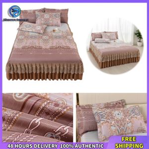 Winnereco 3pcs Ice Silk Bedding Set with Ruffle Bed Skirt and Pillowcases Stylish Home Decor Soft Cool Fabric for Bedroom