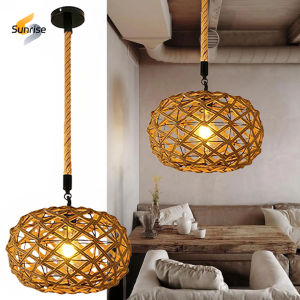 Pendant Light Rattan Hanging Light Boho Semi Flush Mount Ceiling Light Hand Woven Hallway Light Vintage with Hemp Rope Basket Lamp Shade for Bedroom Kitchen Island Farmhouse Dining Living Room