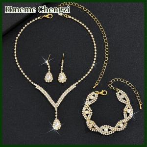 Hmeme 1Set Luxury Exquisite Rhinestone Bride Jewelry Set For Women Girls Fashion Simple Water Drop Earrings Necklace Bracelet Gifts