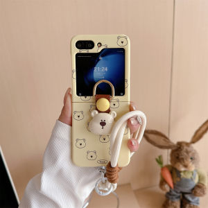 For Samsung Galaxy Z Flip 6 Z Flip 5 Flip 4 Flip 3 Casing New Fashion Accessory Cute Cartoon Bear Ring Buckle Short Strap Lanyard Function Phone Case Anti-fall Flip Cellphone Protective Durable Portable New Hard Cover