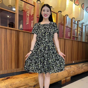 Middle age Mother Square Neck Short Sleeve Floral Print A-line Dresses Women Oversized Stretch Internet Celebrity Dress Party Lady Casual dress