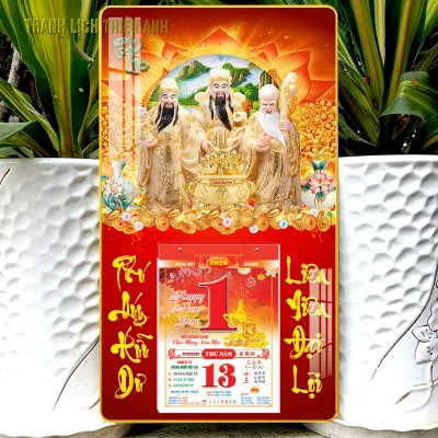 Lịch 2026 Phúc Lộc Thọ kích thước 34x60cm bọc viền vàng kèm bloc 14.5x20.5cm (OT)